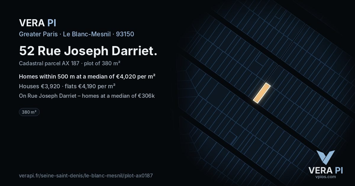 52 Rue Joseph Darriet, Le Blanc-Mesnil at night – the plot lit, the parcels around coloured by the prices near them