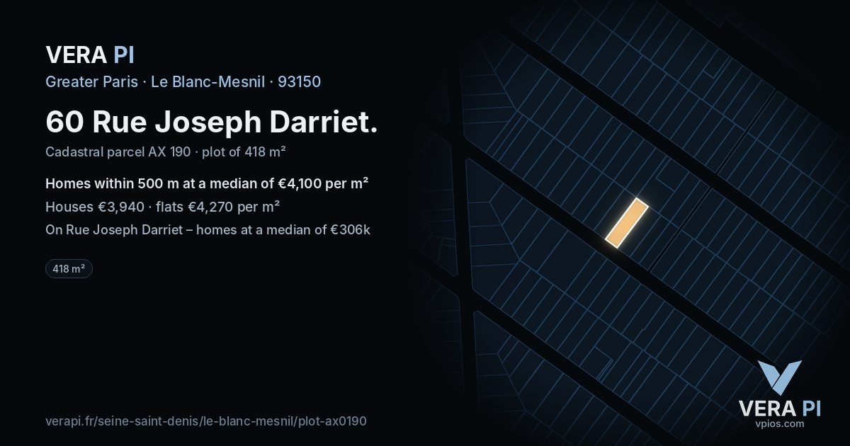 60 Rue Joseph Darriet, Le Blanc-Mesnil at night – the plot lit, the parcels around coloured by the prices near them