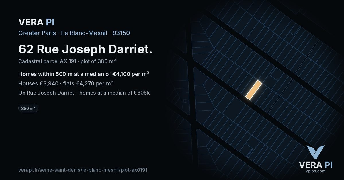 62 Rue Joseph Darriet, Le Blanc-Mesnil at night – the plot lit, the parcels around coloured by the prices near them