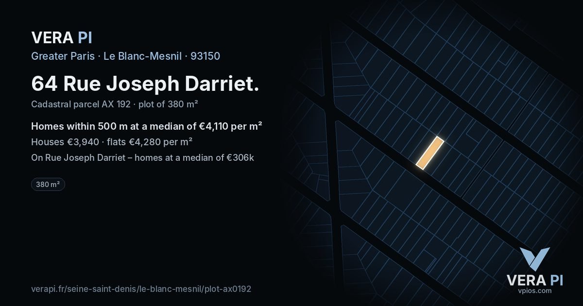 64 Rue Joseph Darriet, Le Blanc-Mesnil at night – the plot lit, the parcels around coloured by the prices near them