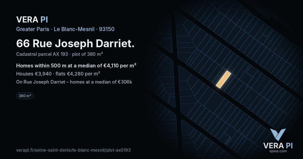 66 Rue Joseph Darriet, Le Blanc-Mesnil at night – the plot lit, the parcels around coloured by the prices near them