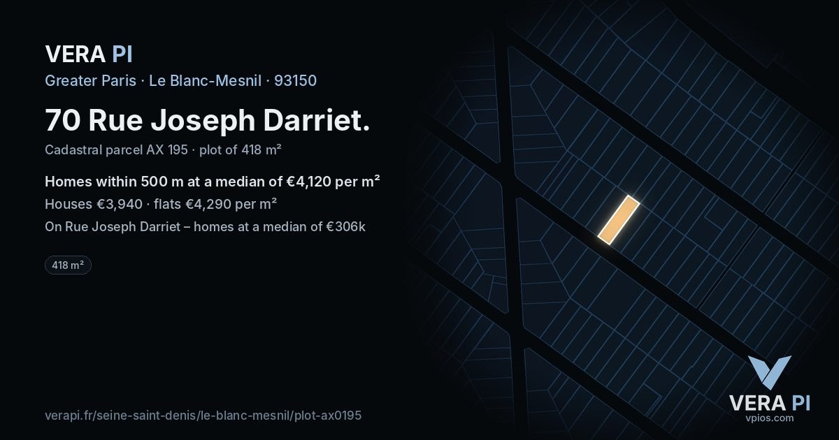 70 Rue Joseph Darriet, Le Blanc-Mesnil at night – the plot lit, the parcels around coloured by the prices near them