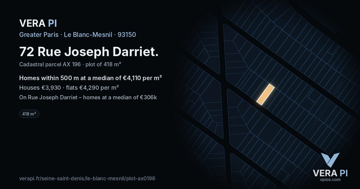 72 Rue Joseph Darriet, Le Blanc-Mesnil at night – the plot lit, the parcels around coloured by the prices near them