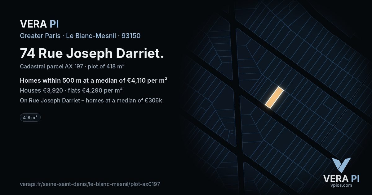 74 Rue Joseph Darriet, Le Blanc-Mesnil at night – the plot lit, the parcels around coloured by the prices near them