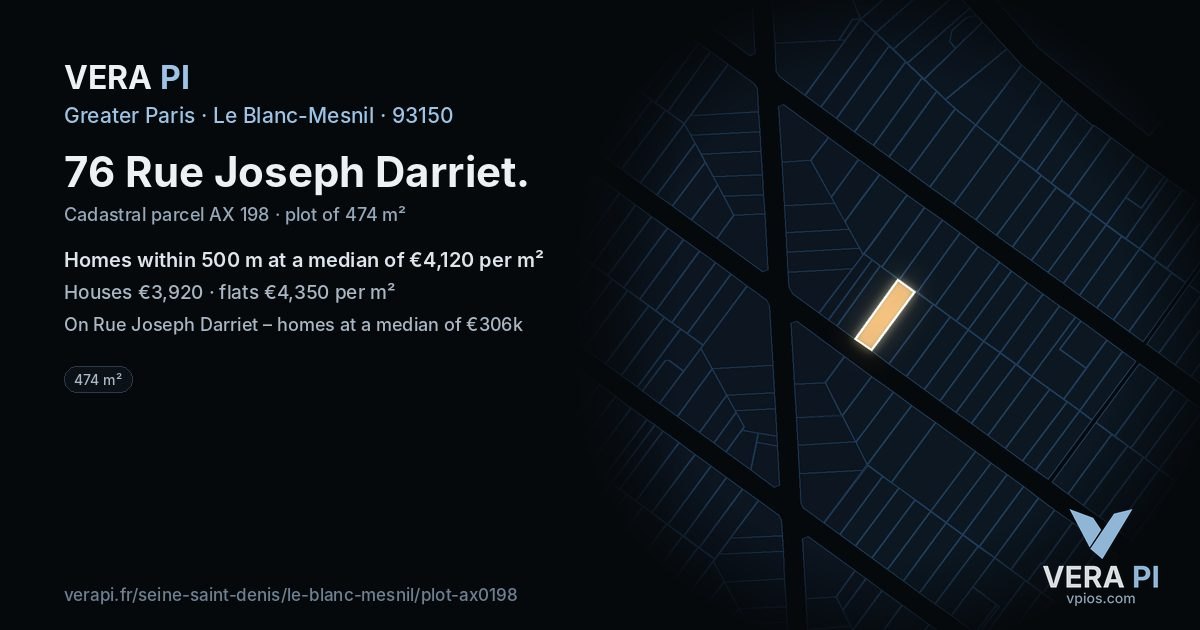 76 Rue Joseph Darriet, Le Blanc-Mesnil at night – the plot lit, the parcels around coloured by the prices near them