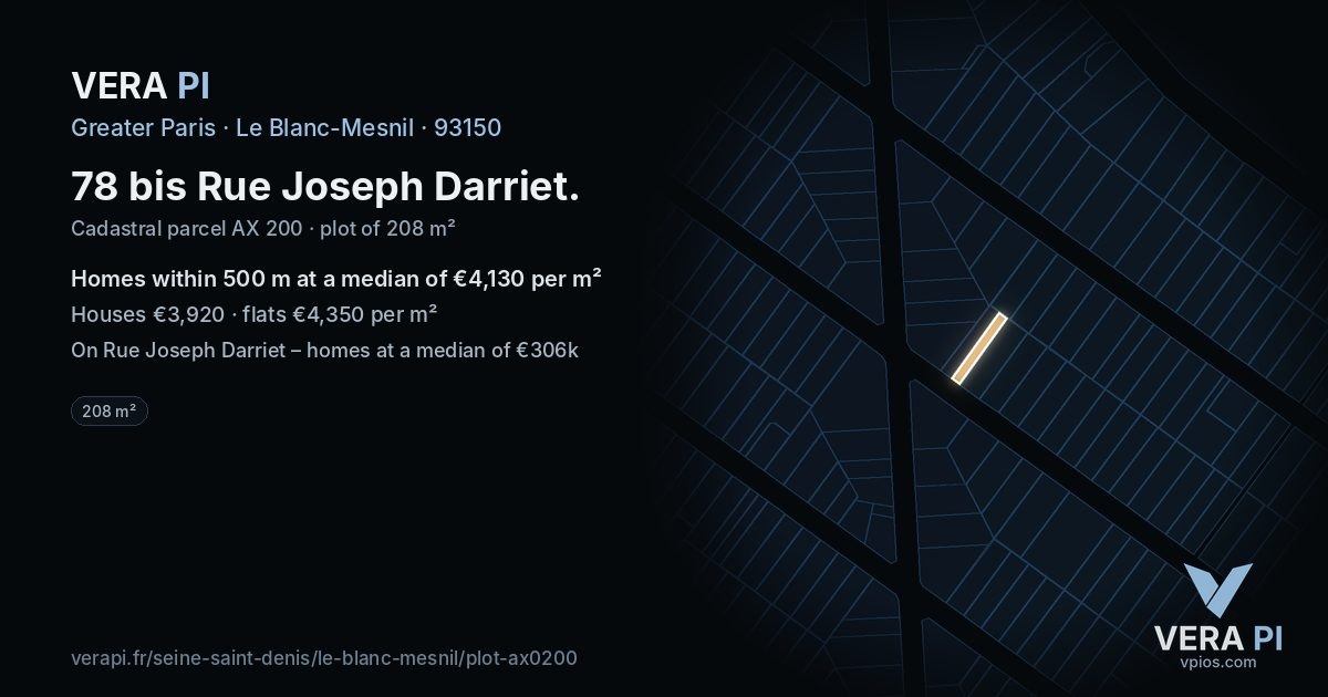 78 bis Rue Joseph Darriet, Le Blanc-Mesnil at night – the plot lit, the parcels around coloured by the prices near them