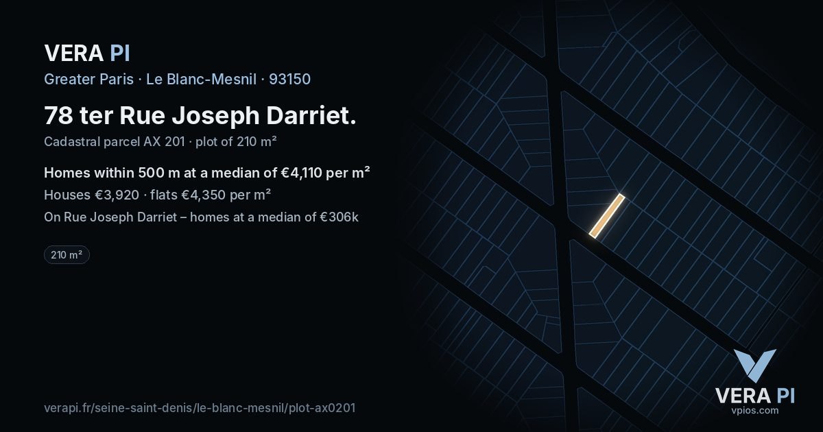 78 ter Rue Joseph Darriet, Le Blanc-Mesnil at night – the plot lit, the parcels around coloured by the prices near them