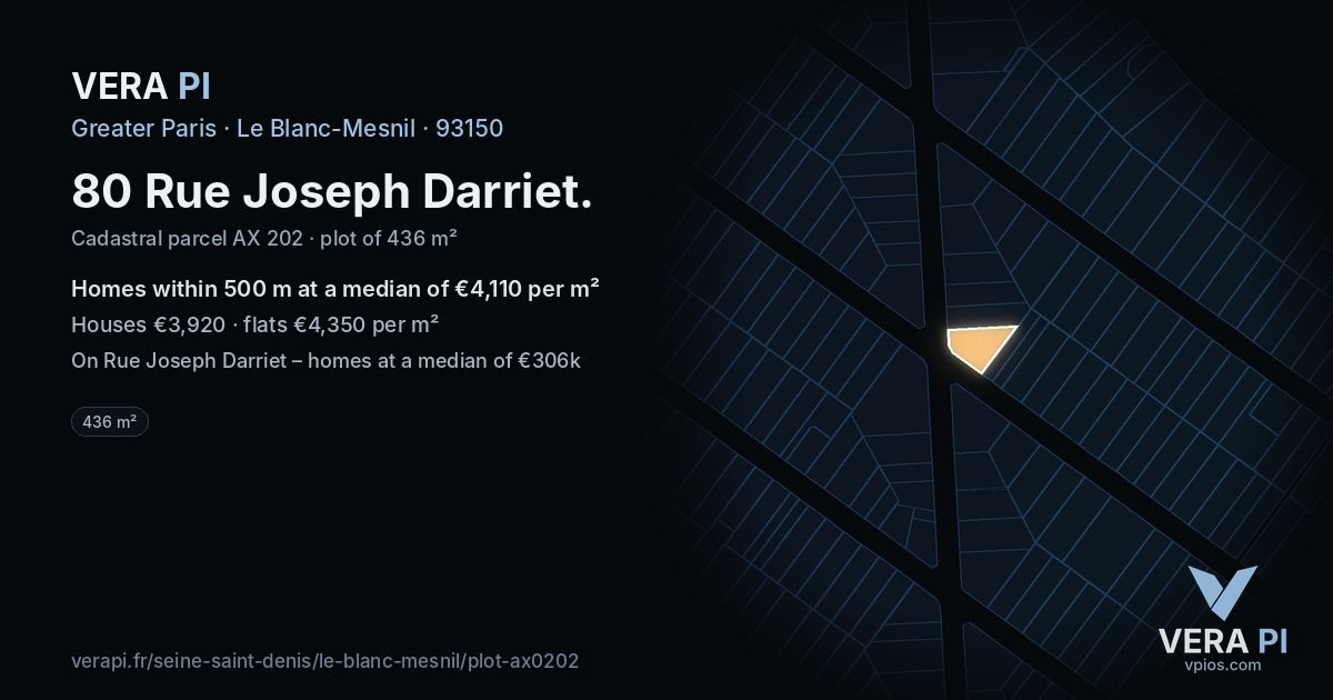 80 Rue Joseph Darriet, Le Blanc-Mesnil at night – the plot lit, the parcels around coloured by the prices near them