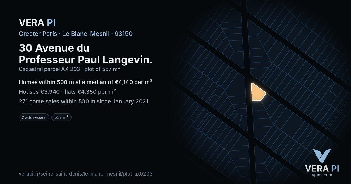 30 Avenue du Professeur Paul Langevin, Le Blanc-Mesnil at night – the plot lit, the parcels around coloured by the prices near them