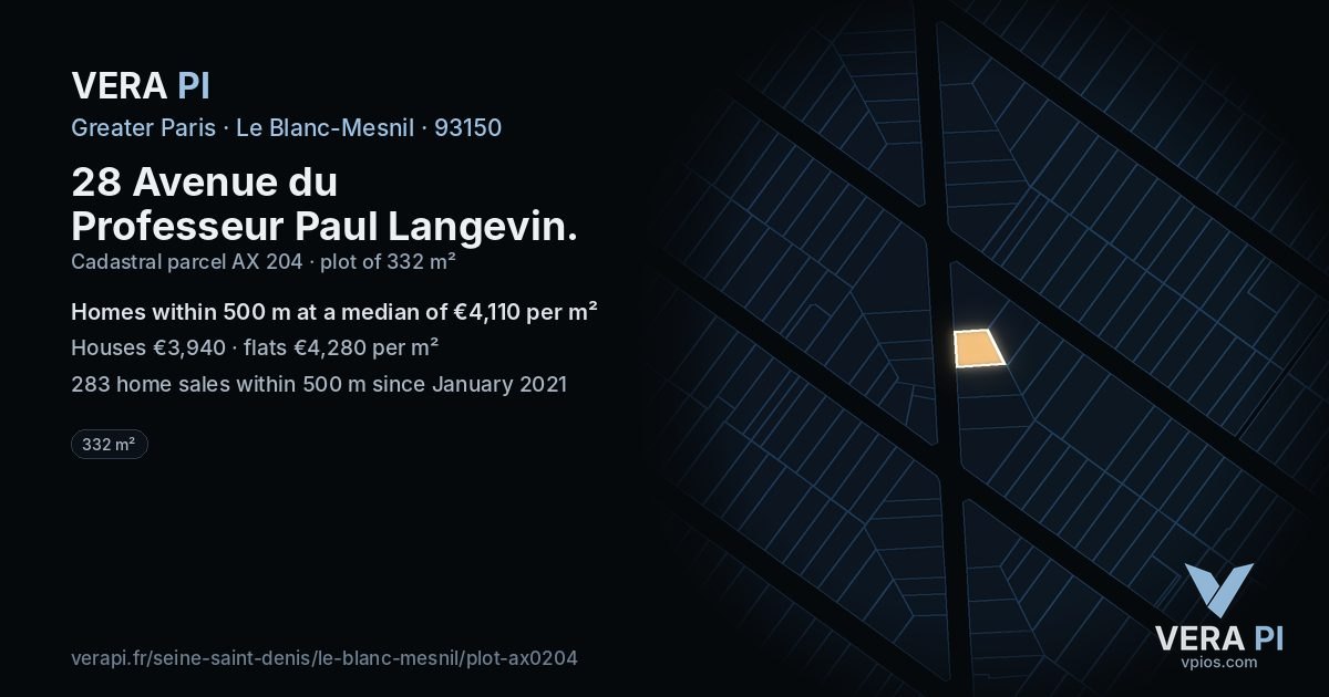 28 Avenue du Professeur Paul Langevin, Le Blanc-Mesnil at night – the plot lit, the parcels around coloured by the prices near them