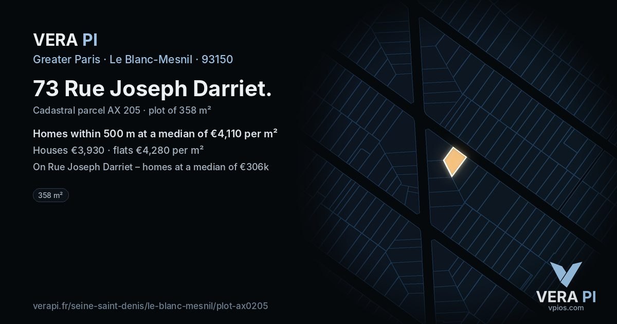 73 Rue Joseph Darriet, Le Blanc-Mesnil at night – the plot lit, the parcels around coloured by the prices near them