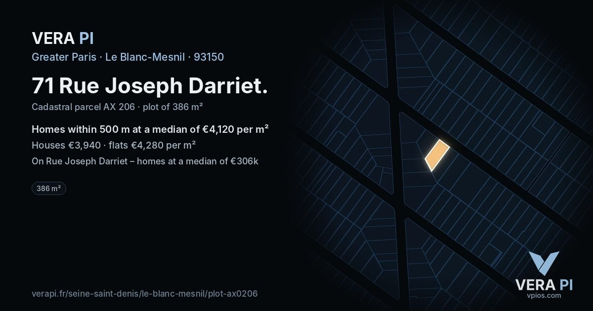 71 Rue Joseph Darriet, Le Blanc-Mesnil at night – the plot lit, the parcels around coloured by the prices near them