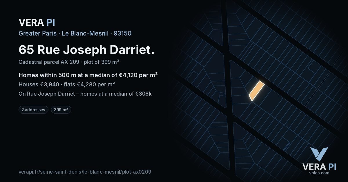 65 Rue Joseph Darriet, Le Blanc-Mesnil at night – the plot lit, the parcels around coloured by the prices near them