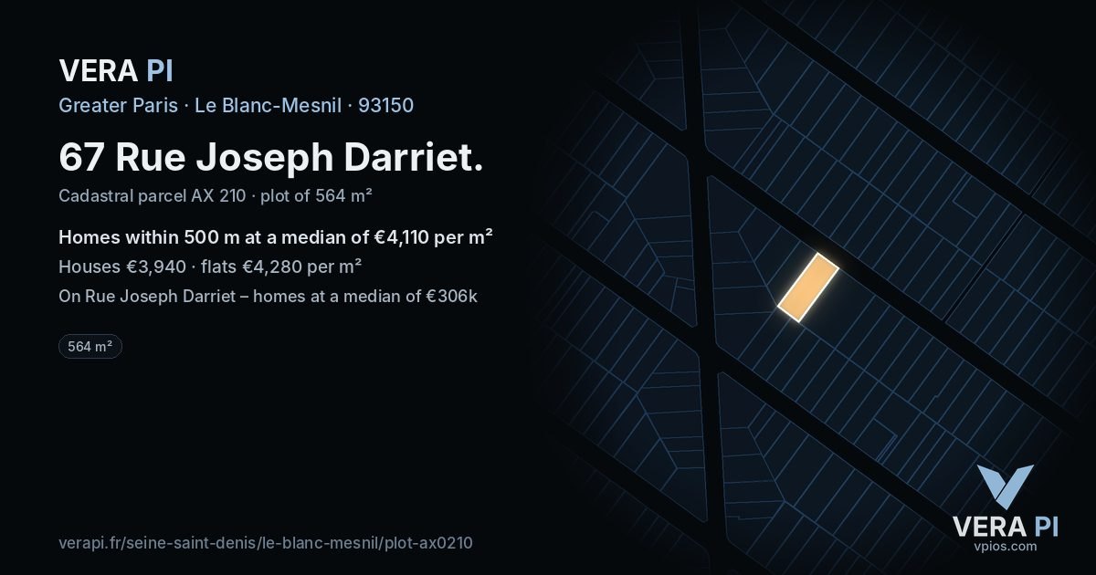 67 Rue Joseph Darriet, Le Blanc-Mesnil at night – the plot lit, the parcels around coloured by the prices near them