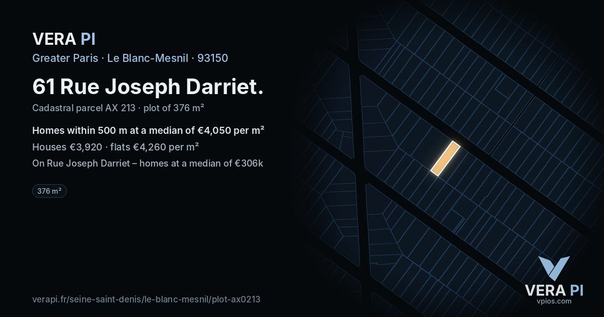 61 Rue Joseph Darriet, Le Blanc-Mesnil at night – the plot lit, the parcels around coloured by the prices near them