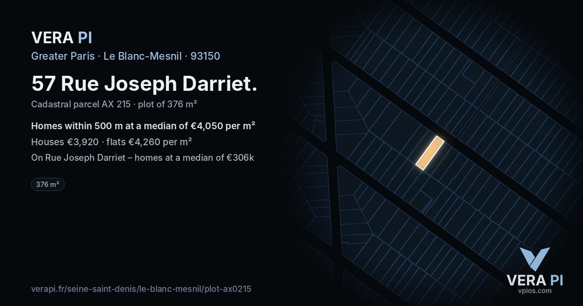 57 Rue Joseph Darriet, Le Blanc-Mesnil at night – the plot lit, the parcels around coloured by the prices near them