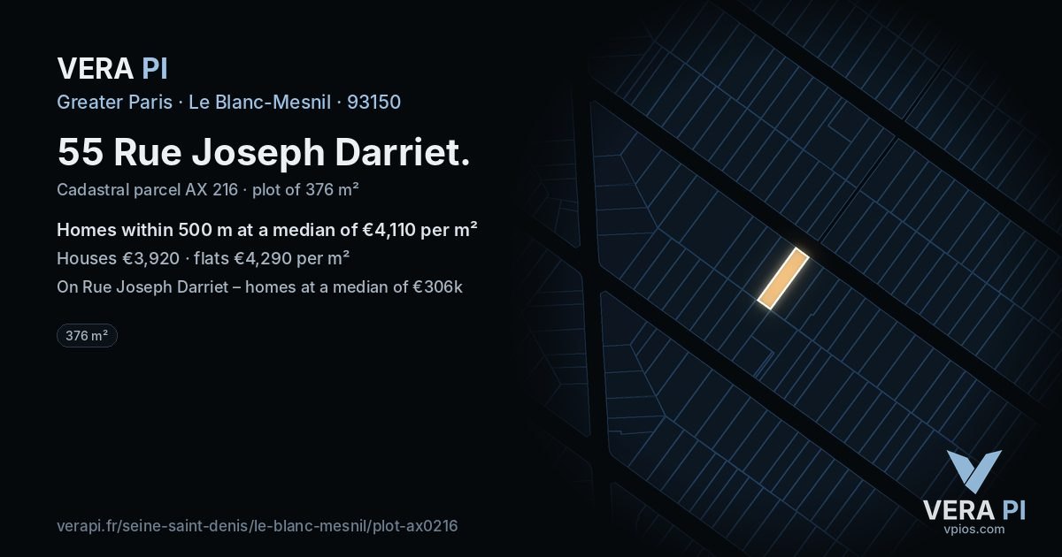 55 Rue Joseph Darriet, Le Blanc-Mesnil at night – the plot lit, the parcels around coloured by the prices near them