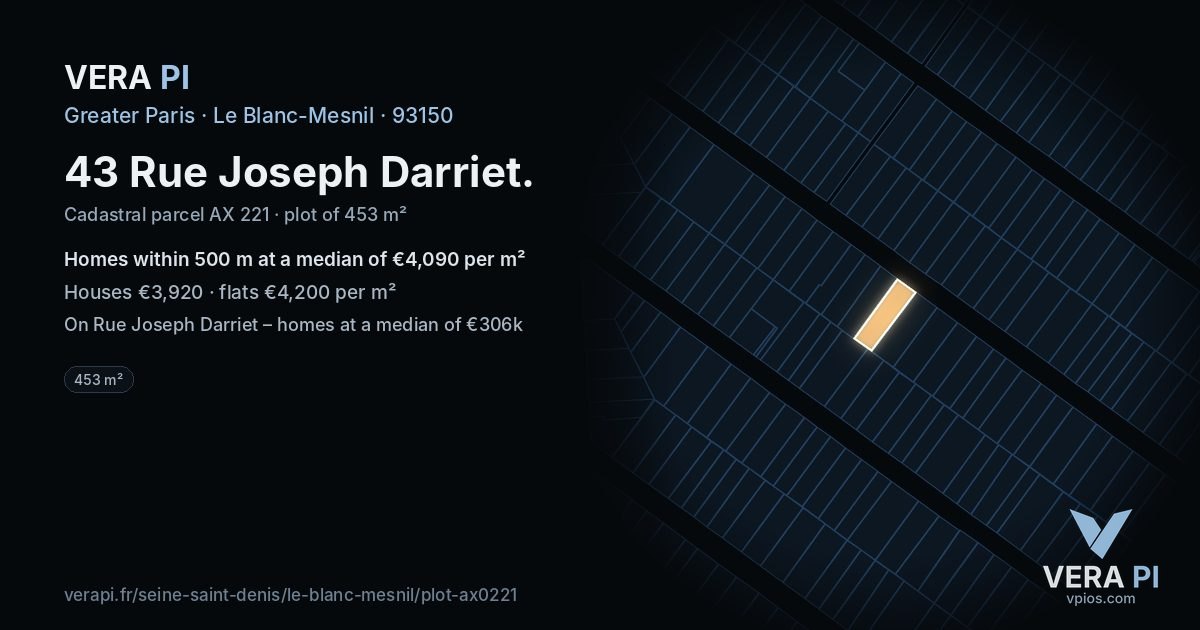 43 Rue Joseph Darriet, Le Blanc-Mesnil at night – the plot lit, the parcels around coloured by the prices near them