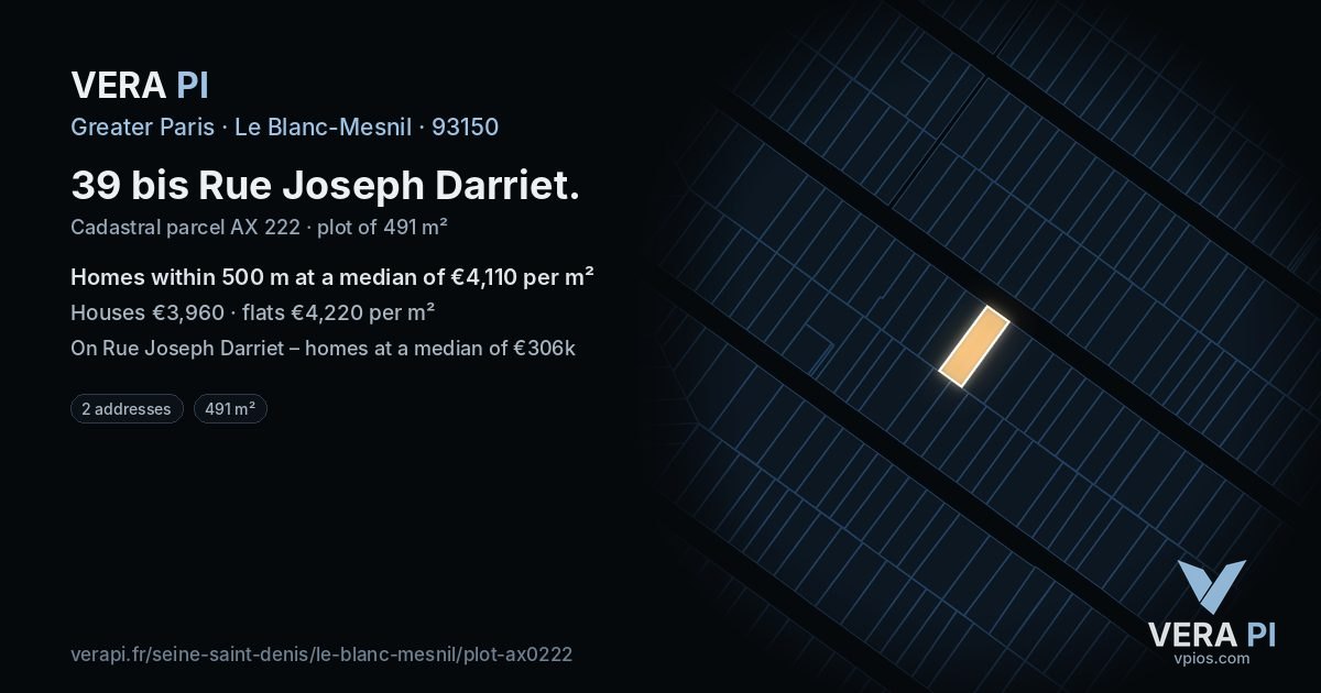 39 bis Rue Joseph Darriet, Le Blanc-Mesnil at night – the plot lit, the parcels around coloured by the prices near them