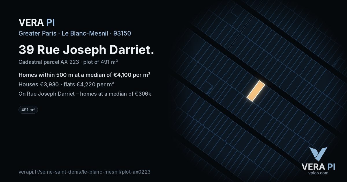 39 Rue Joseph Darriet, Le Blanc-Mesnil at night – the plot lit, the parcels around coloured by the prices near them