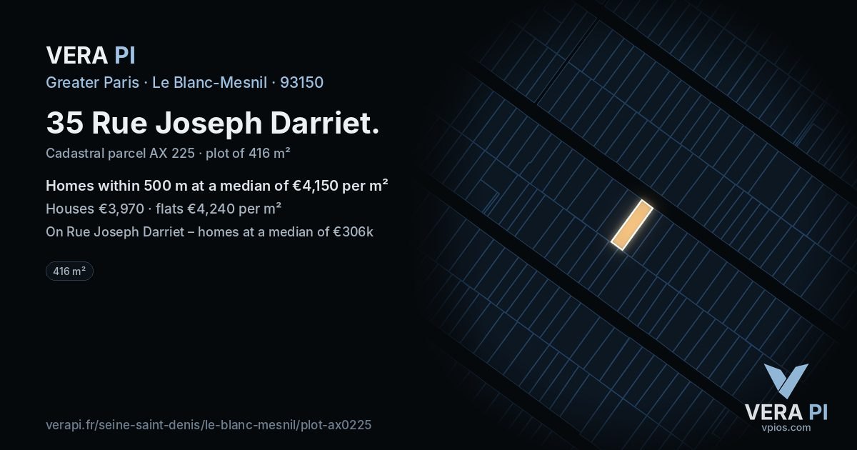 35 Rue Joseph Darriet, Le Blanc-Mesnil at night – the plot lit, the parcels around coloured by the prices near them