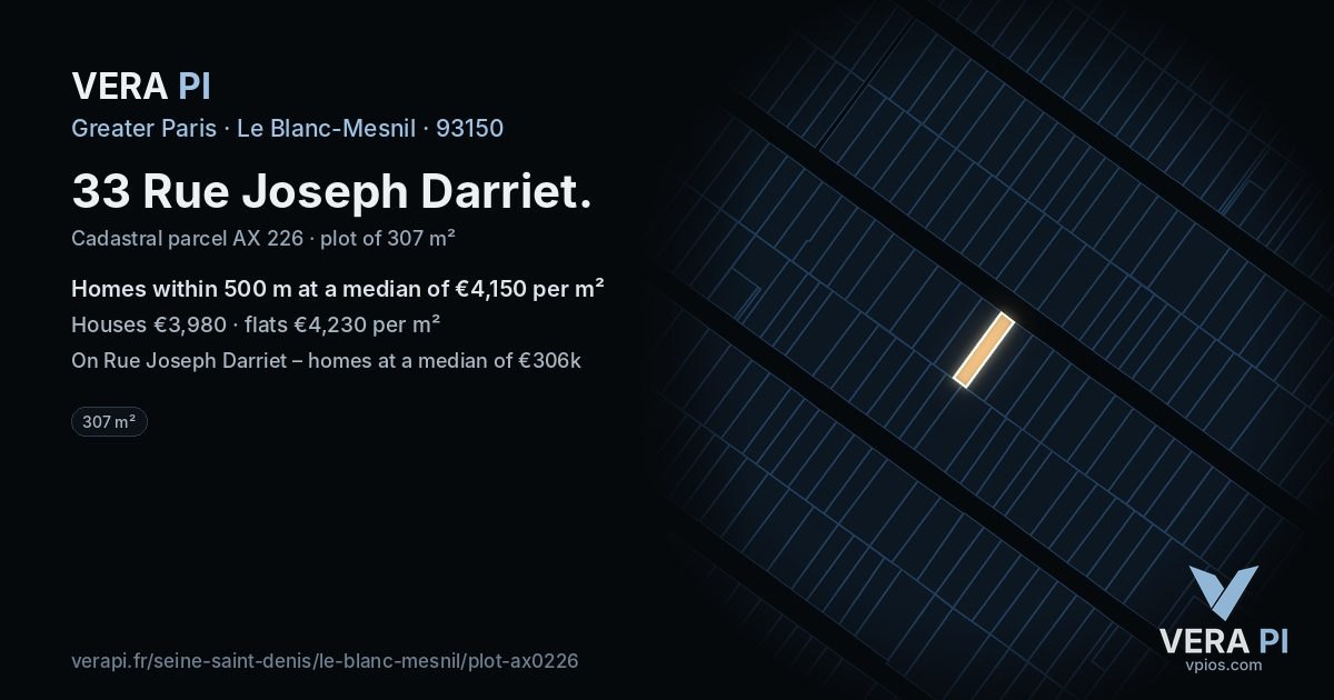 33 Rue Joseph Darriet, Le Blanc-Mesnil at night – the plot lit, the parcels around coloured by the prices near them