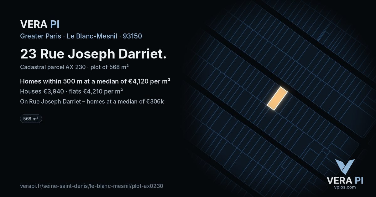 23 Rue Joseph Darriet, Le Blanc-Mesnil at night – the plot lit, the parcels around coloured by the prices near them