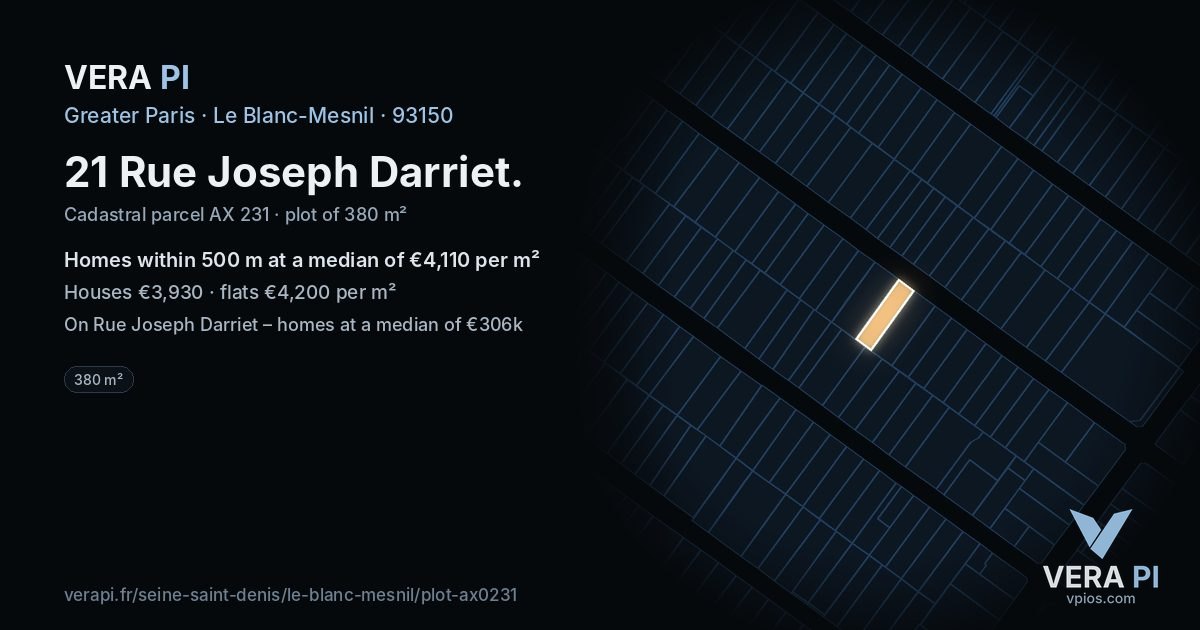 21 Rue Joseph Darriet, Le Blanc-Mesnil at night – the plot lit, the parcels around coloured by the prices near them
