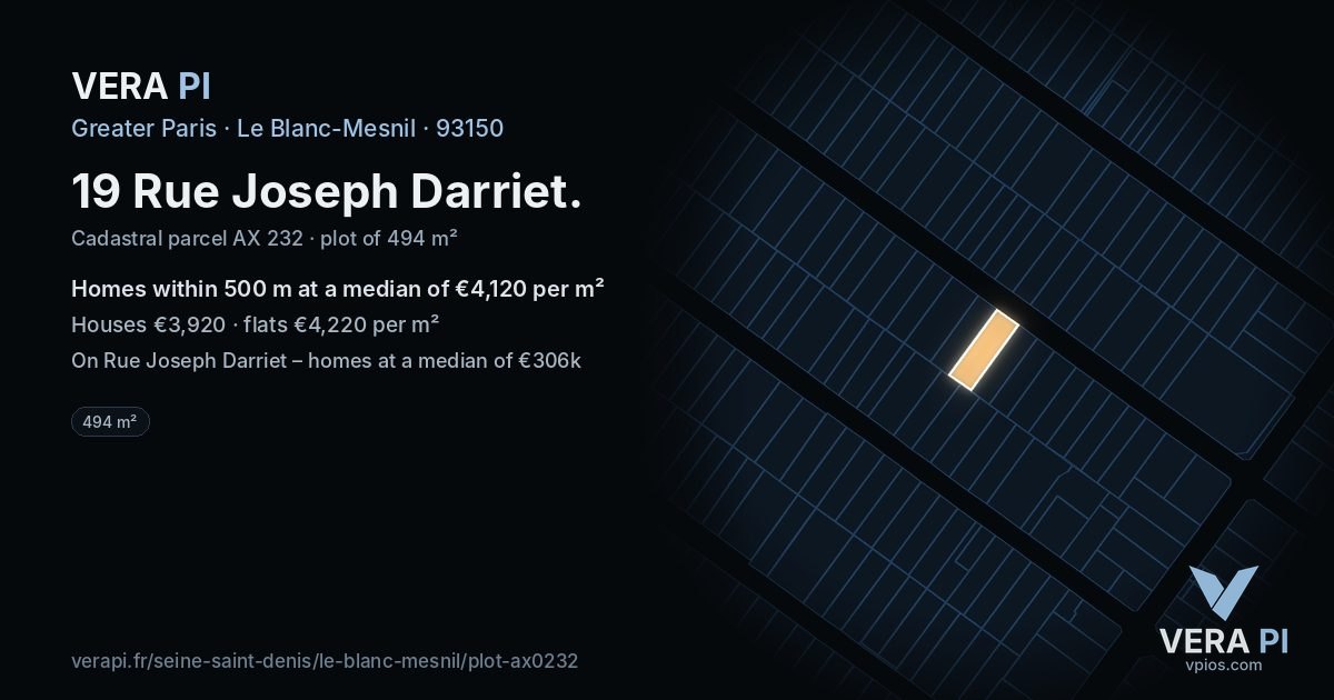 19 Rue Joseph Darriet, Le Blanc-Mesnil at night – the plot lit, the parcels around coloured by the prices near them