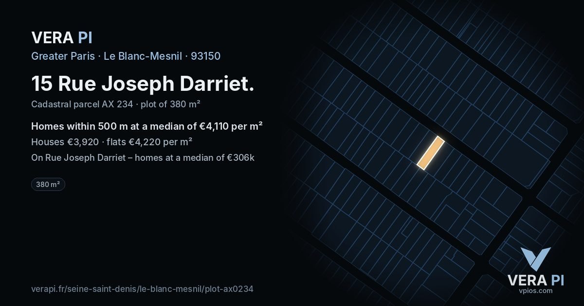 15 Rue Joseph Darriet, Le Blanc-Mesnil at night – the plot lit, the parcels around coloured by the prices near them