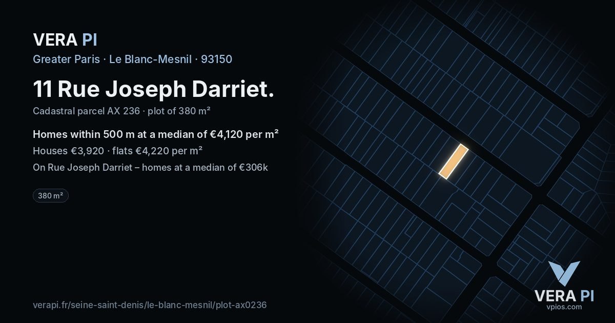 11 Rue Joseph Darriet, Le Blanc-Mesnil at night – the plot lit, the parcels around coloured by the prices near them
