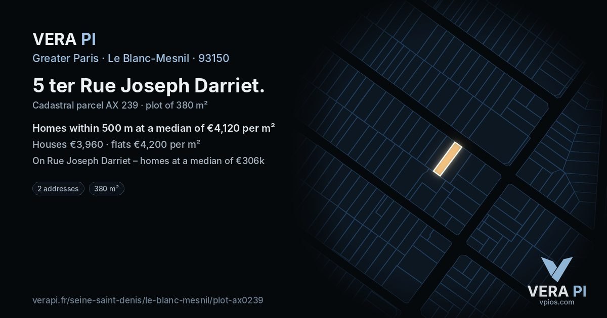5 ter Rue Joseph Darriet, Le Blanc-Mesnil at night – the plot lit, the parcels around coloured by the prices near them