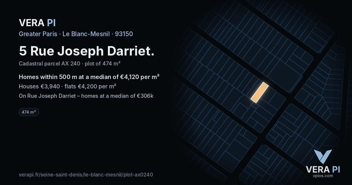5 Rue Joseph Darriet, Le Blanc-Mesnil at night – the plot lit, the parcels around coloured by the prices near them