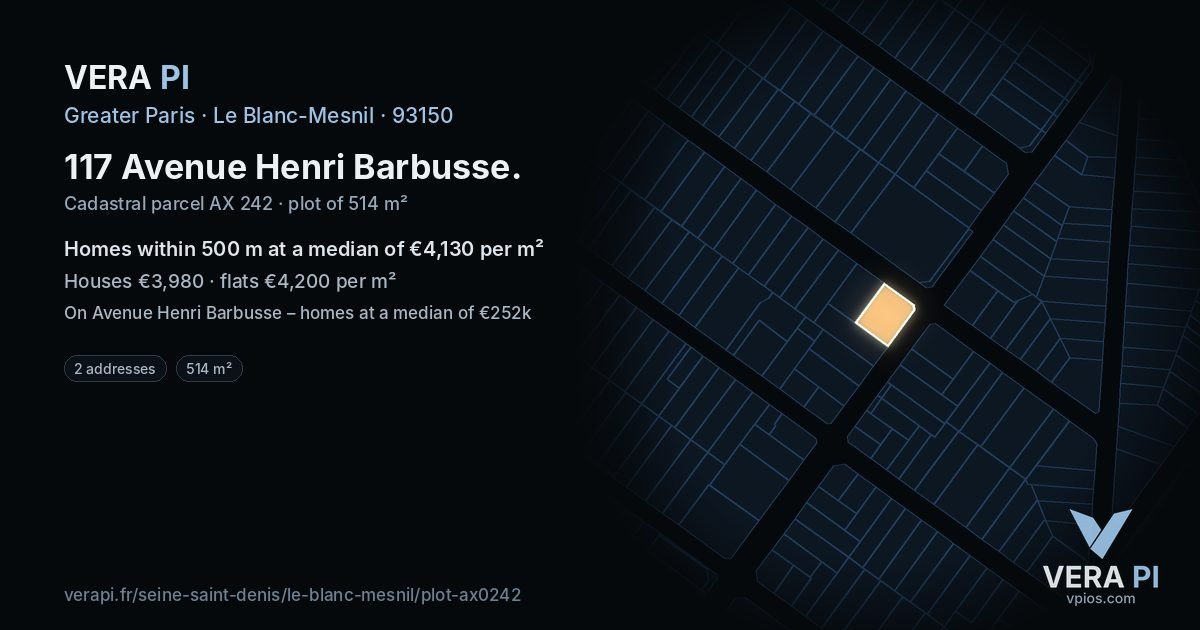 117 Avenue Henri Barbusse, Le Blanc-Mesnil at night – the plot lit, the parcels around coloured by the prices near them