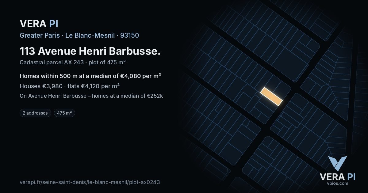 113 Avenue Henri Barbusse, Le Blanc-Mesnil at night – the plot lit, the parcels around coloured by the prices near them