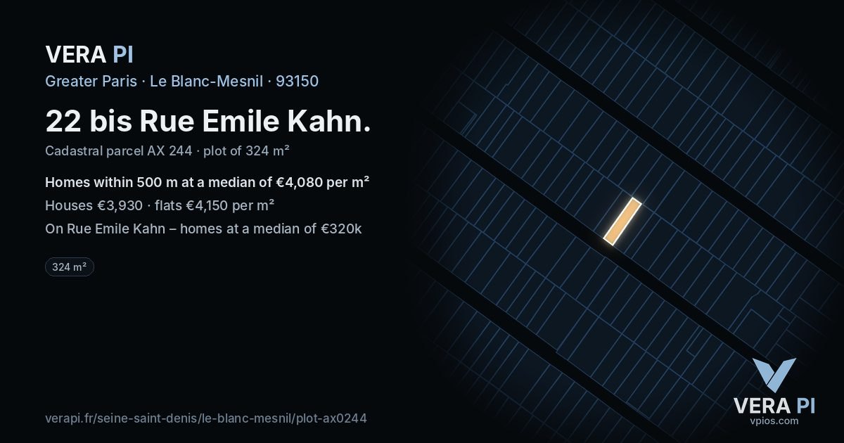 22 bis Rue Emile Kahn, Le Blanc-Mesnil at night – the plot lit, the parcels around coloured by the prices near them