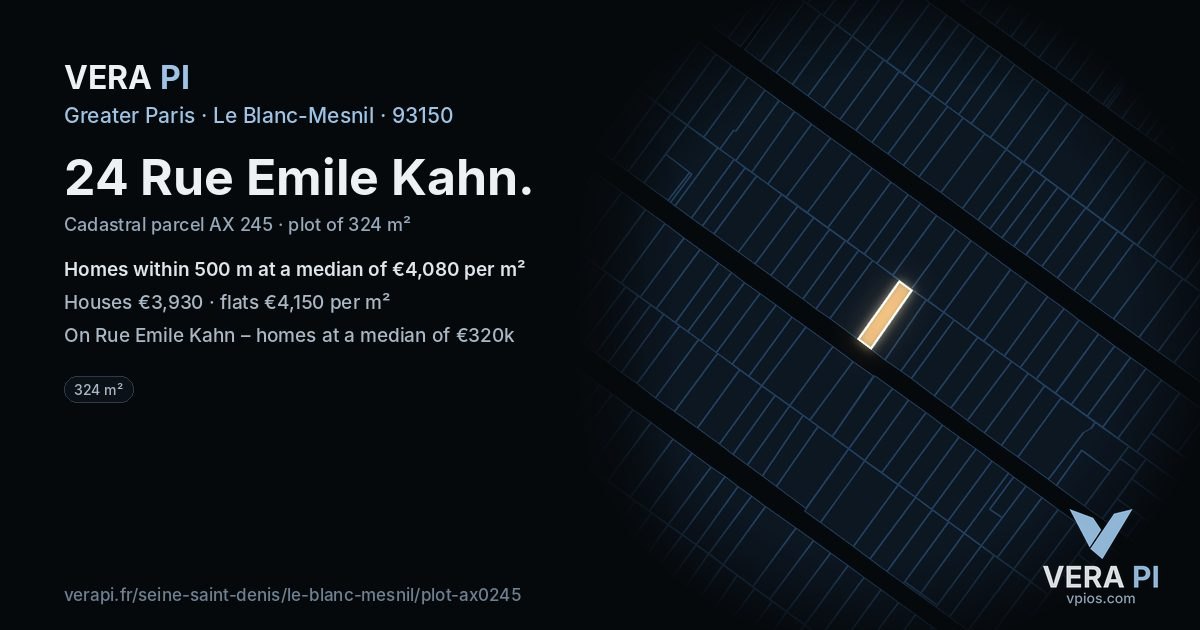 24 Rue Emile Kahn, Le Blanc-Mesnil at night – the plot lit, the parcels around coloured by the prices near them