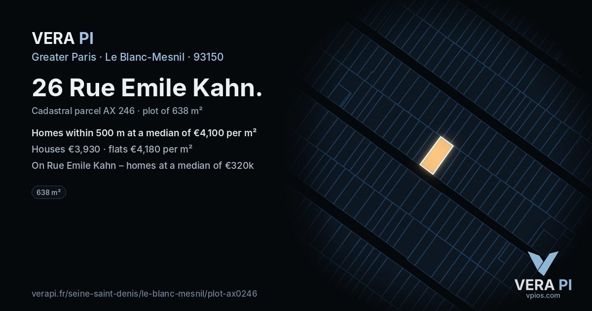 26 Rue Emile Kahn, Le Blanc-Mesnil at night – the plot lit, the parcels around coloured by the prices near them