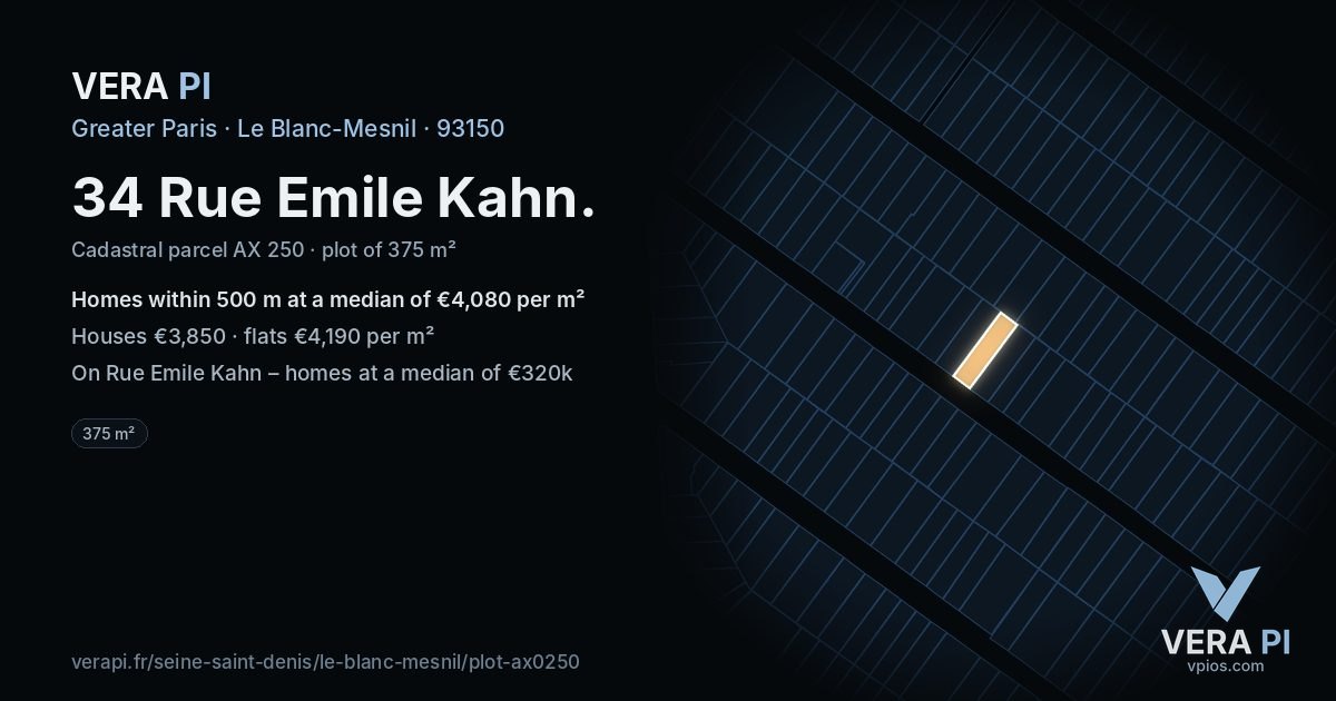 34 Rue Emile Kahn, Le Blanc-Mesnil at night – the plot lit, the parcels around coloured by the prices near them