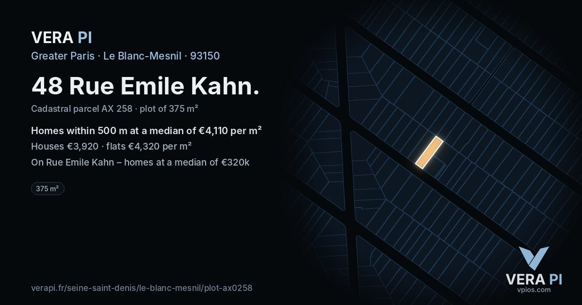 48 Rue Emile Kahn, Le Blanc-Mesnil at night – the plot lit, the parcels around coloured by the prices near them