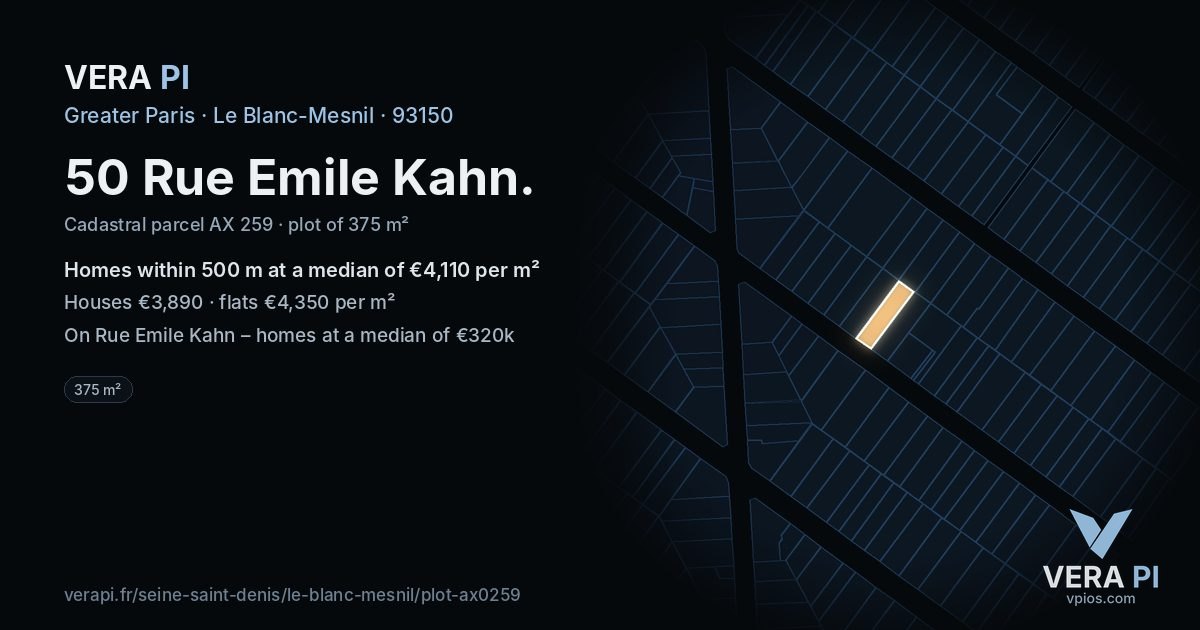 50 Rue Emile Kahn, Le Blanc-Mesnil at night – the plot lit, the parcels around coloured by the prices near them