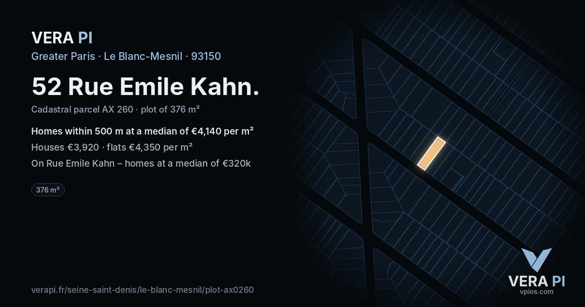 52 Rue Emile Kahn, Le Blanc-Mesnil at night – the plot lit, the parcels around coloured by the prices near them