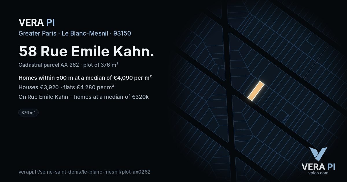 58 Rue Emile Kahn, Le Blanc-Mesnil at night – the plot lit, the parcels around coloured by the prices near them