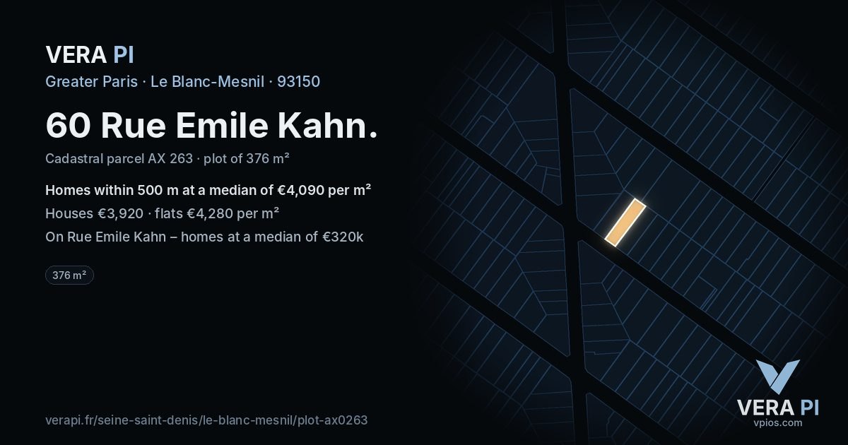 60 Rue Emile Kahn, Le Blanc-Mesnil at night – the plot lit, the parcels around coloured by the prices near them