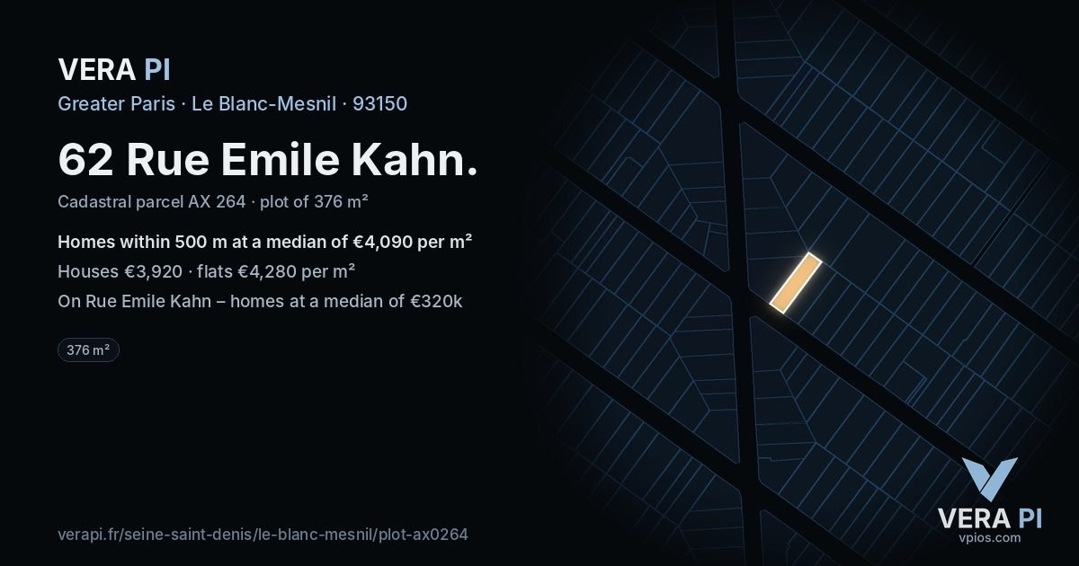 62 Rue Emile Kahn, Le Blanc-Mesnil at night – the plot lit, the parcels around coloured by the prices near them