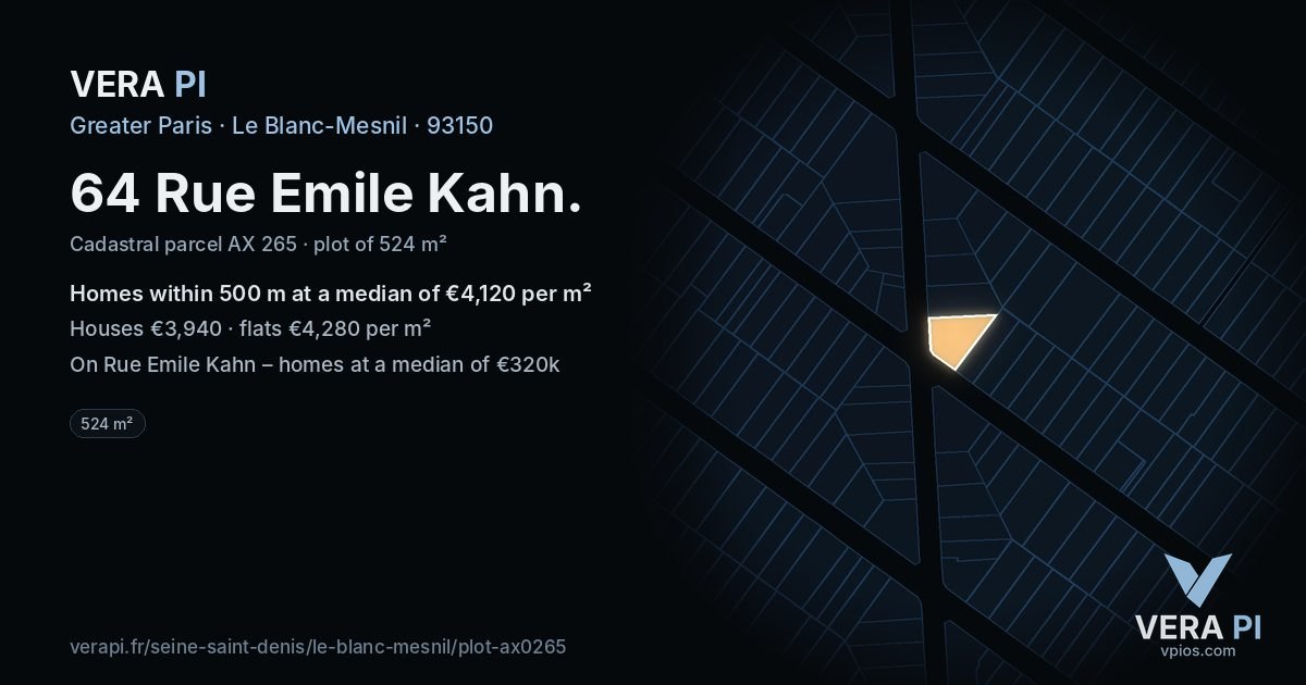 64 Rue Emile Kahn, Le Blanc-Mesnil at night – the plot lit, the parcels around coloured by the prices near them
