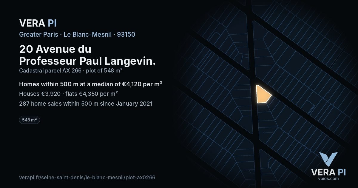 20 Avenue du Professeur Paul Langevin, Le Blanc-Mesnil at night – the plot lit, the parcels around coloured by the prices near them