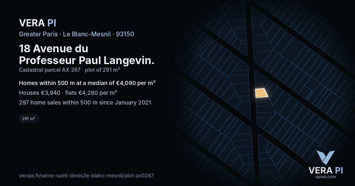 18 Avenue du Professeur Paul Langevin, Le Blanc-Mesnil at night – the plot lit, the parcels around coloured by the prices near them