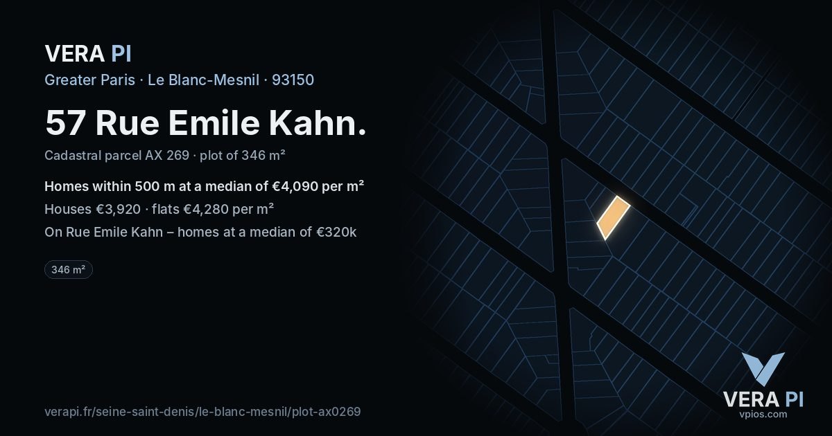 57 Rue Emile Kahn, Le Blanc-Mesnil at night – the plot lit, the parcels around coloured by the prices near them