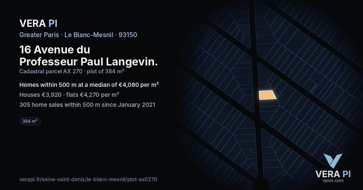 16 Avenue du Professeur Paul Langevin, Le Blanc-Mesnil at night – the plot lit, the parcels around coloured by the prices near them